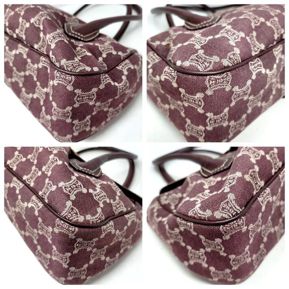VTG Celine Triomphe Burgundy Canvas Leather Large Shoulder Tote Hand Bag Auth - Picture 8 of 12